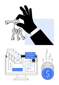 Hand Holding Keys, Computer with Emails, Binary Code, and Falling Coins Dep.. Stock Illustration