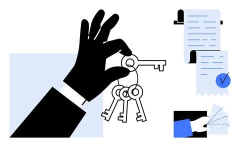 Hand holding keys with signed document and gesturing hand. Ideal for business Stock Illustration