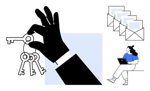Hand holding keys, stack of envelopes, person using a laptop. Ideal for secur 스톡 일러스트