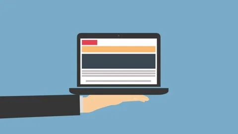 Hand Holding Laptop Showing Web Page Display on Blue Background Illustration Vídeos de archivo 341920195