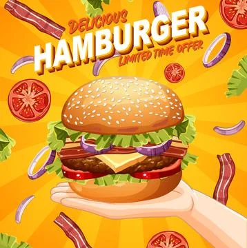 Hand holding a large cheeseburger with flying bacon, tomatoes, and onions in  Stock Illustration