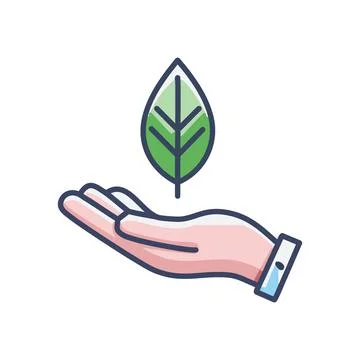Hand holding leaf. Hand outstretched, protecting a delicate green leaf. Sym.. Stock Illustration