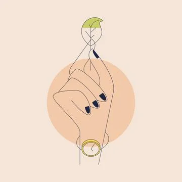 Hand holding leaf. Vector composition in outline style Stock Illustration
