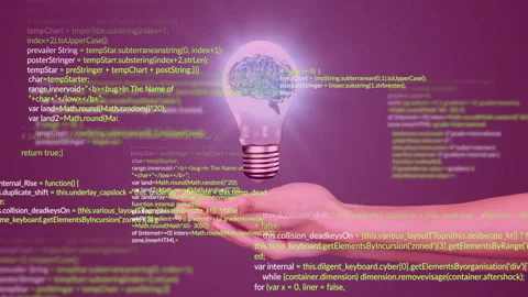 Hand holding light bulb with brain and code animation over purple background Stock Footage 303685344