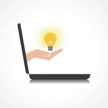 Hand holding light bulb comes from laptop screen stock vector Stock Illustration