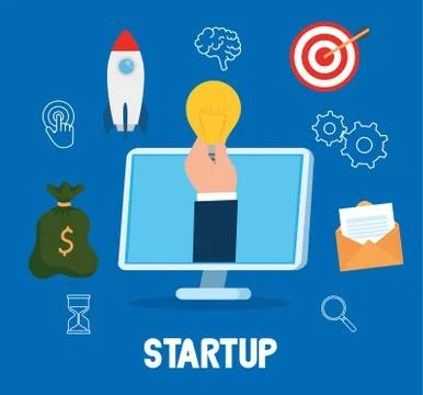 Hand holding light bulb in computer with start up icon set vector design Stock-Illustration