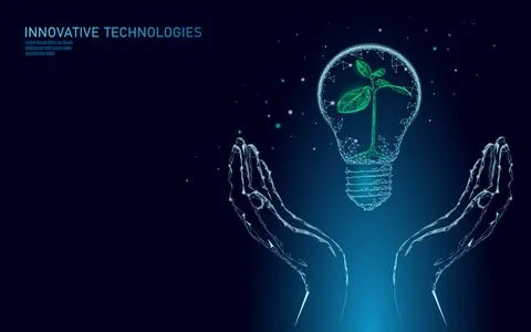 Hand holding light Bulb lamp saving energy ecology concept. Polygonal blue Stock Illustration
