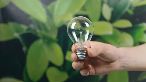Hand holding light Bulb with Lighting on green nature background. Eco power s Stock Footage 121583948