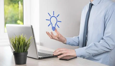 Hand holding light bulb. Smart idea icon isolated. Innovation, solution icon. 스톡 사진