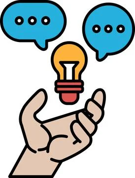 A hand holding a light bulb with a speech bubble above it Illustrazione stock