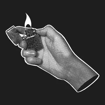 Hand holding a lit lighter with flame on a dark background, halftone pop ar.. 스톡 일러스트