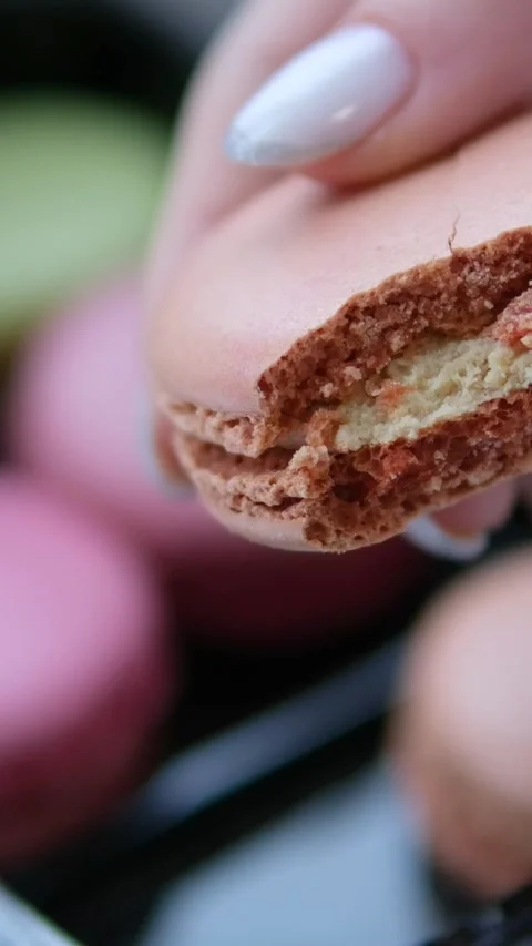 Hand holding macaron on nature background. A Macaron is a sweet meringue-based Stock Footage 302105368