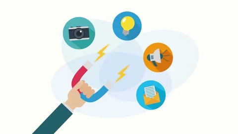A hand holding a magnet attracts various digital marketing and idea icons i.. Video stock 333607552