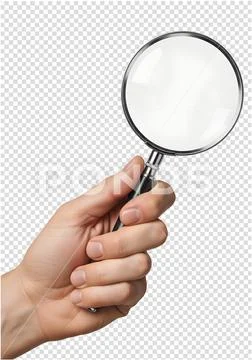 Hand holding magnifying glass, clear lens and metal handle Modello PSD