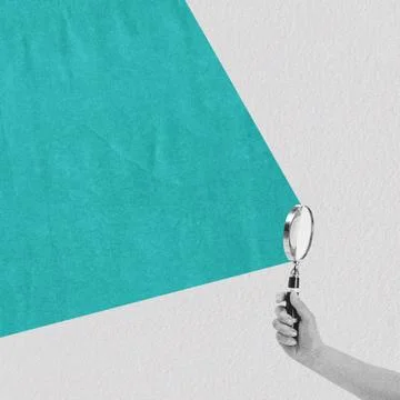 Hand holding magnifying glass exploring colorful textured background Stock Illustration