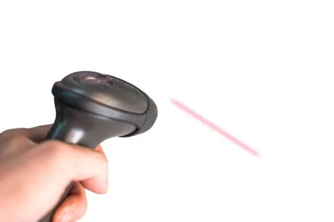 Hand holding manual scanner barcode machine with flat laser on background Foto stock