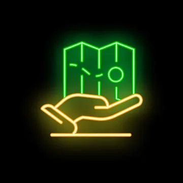 Hand holding a map neon sign on a black background Stock Illustration