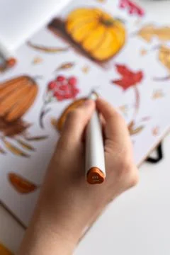 Hand holding marker while drawing autumn illustration Stock Photos