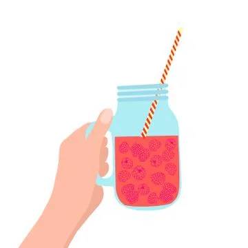 Hand holding mason jar with raspberry illustration Stock Illustration