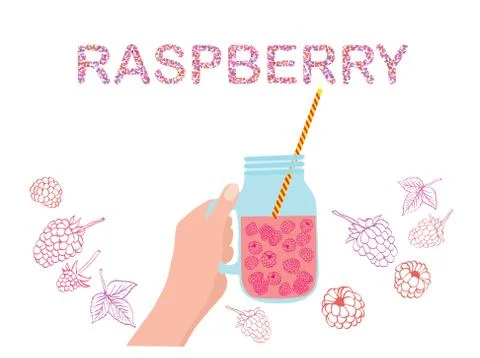 Hand holding mason jar with raspberry with quote of PASPBERRY Stock Illustration