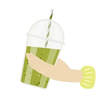Hand holding Matcha cup. Plastic takeaway cup with green liquid, Traditional Stock Illustration