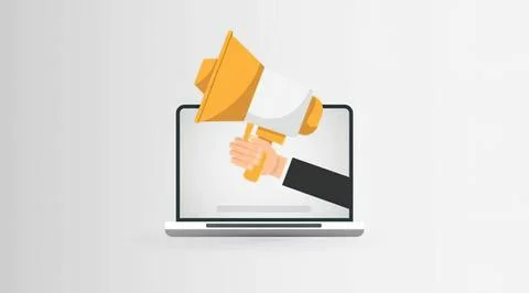 Hand holding megaphone emerging from a laptop screen Stock Illustration