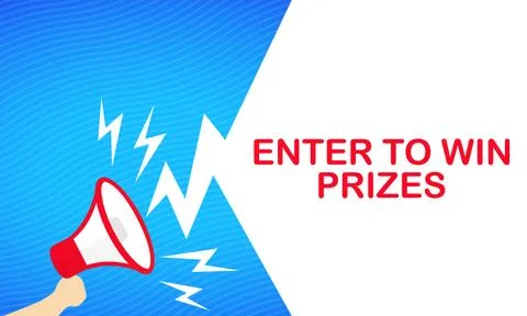 Hand holding megaphone with Enter to win prizes text banner. Announcement. Lo Stock Illustration