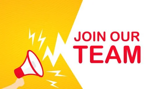 Hand holding megaphone with Join our team text banner. Announcement. Loudspea Stock Illustration