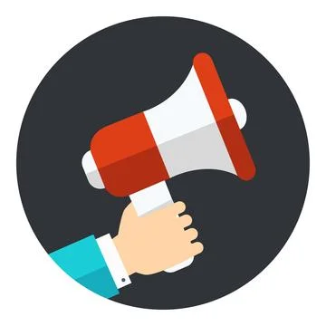 Hand holding megaphone, loudspeaker vector icon in circle Stock Illustration