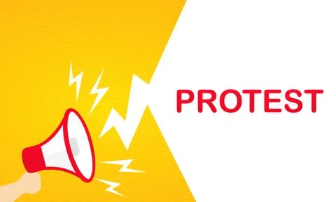 Hand holding megaphone with Protest text banner. Announcement. Loudspeaker. F Stock Illustration