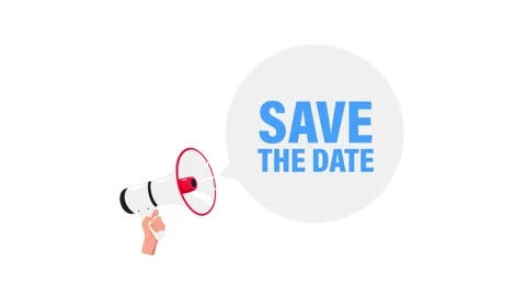 Hand holding megaphone with save the date speech bubble on white and green Video stock 315016283