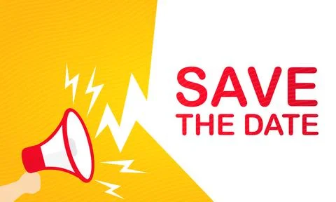 Hand holding megaphone with Save the date text. Announcement. Loudspeaker. Ba Stock Illustration