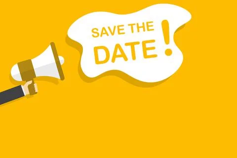 Hand holding megaphone with save the date speech bubble banner vector with co Stock Illustration