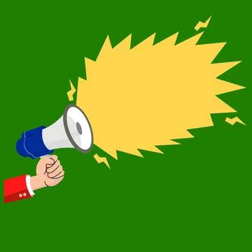 Hand holding megaphone with speech bubble on green background. Stock Illustration