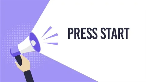 Hand holding megaphone with text Press start on purple background. Loudspeaker Stock Footage 166420661