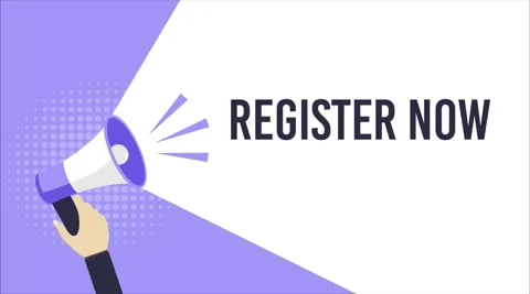 Hand holding megaphone with text Register now on purple background. Loudspeaker 動画素材 166420707