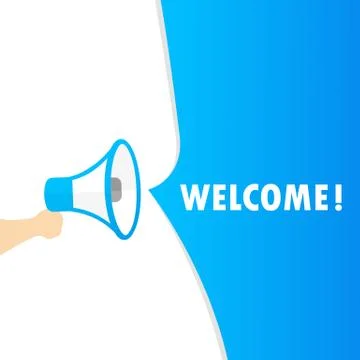 Hand holding megaphone with welcome message. Announcement. Loudspeaker. Banne Stock Illustration