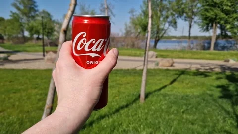 Hand holding a metal can of Coca-Cola on a green park background Stock Footage 337817181