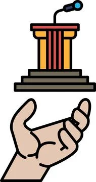 A hand is holding a microphone and a podium Ilustração Stock