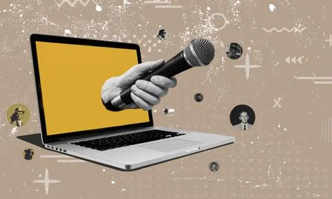 A hand holding a microphone extends from a laptop screen on a graphical abs.. Stock Illustration