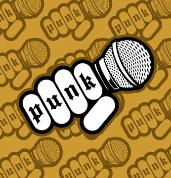Hand holding microphone on gray background Stock Illustration