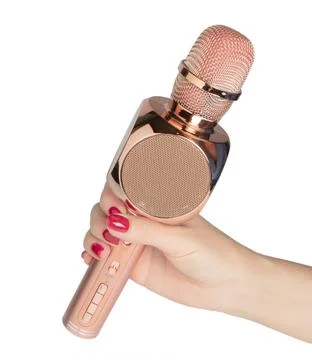 Hand Holding Microphone for Interview. Isolated on white. Foto stock