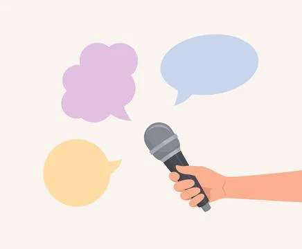 Hand holding microphone next to speech bubbles of different colors and shapes Stock Illustration