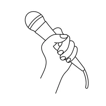 Hand Holding Microphone Outline Vector Illustration Stock Illustration