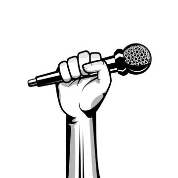 Hand holding microphone vector illustration. Hand and mic illustration. Illustrazione stock
