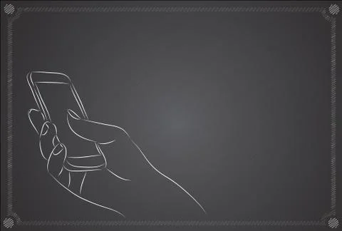 Hand Holding Mobile, arm with cell, on the blackboard. Stock Illustration