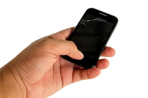 Hand holding a mobile with broken screen. Stock-Fotos