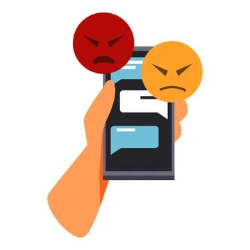 Hand holding mobile phone with chat and negative emoticons expressing anger a Stock Illustration