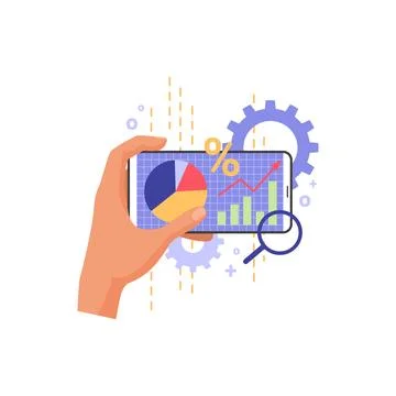 Hand holding mobile phone with data analysis, pie chart and arrow graph Stock Illustration
