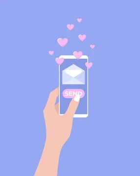 Hand holding mobile phone with envelope on screen and flying hearts Stock Illustration